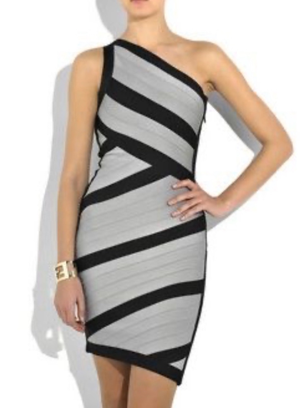 Herve Leger One-Shoulder Black and Light Gray Bandage Dress